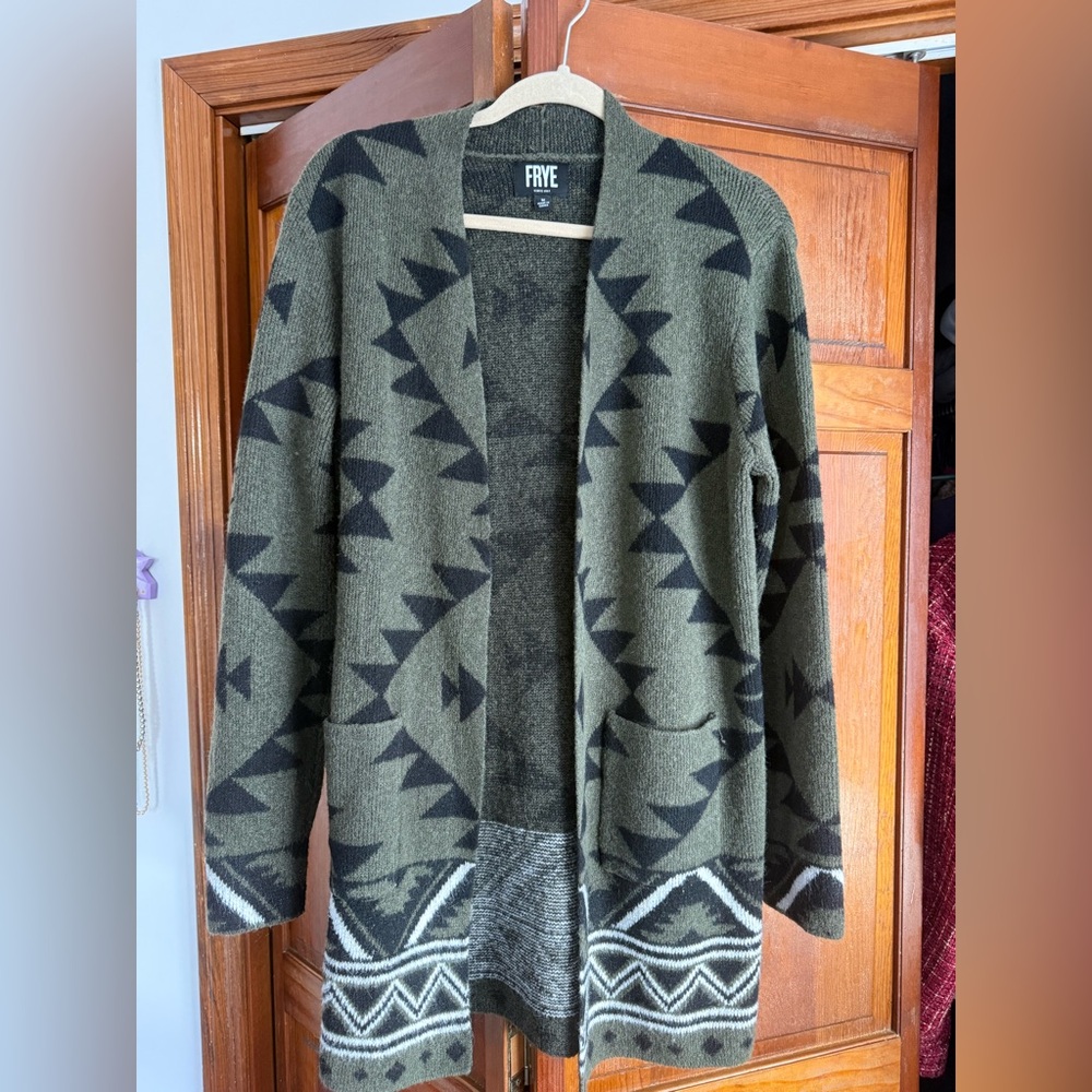 FRYE Olive and Black Geometric Knit Cardigan